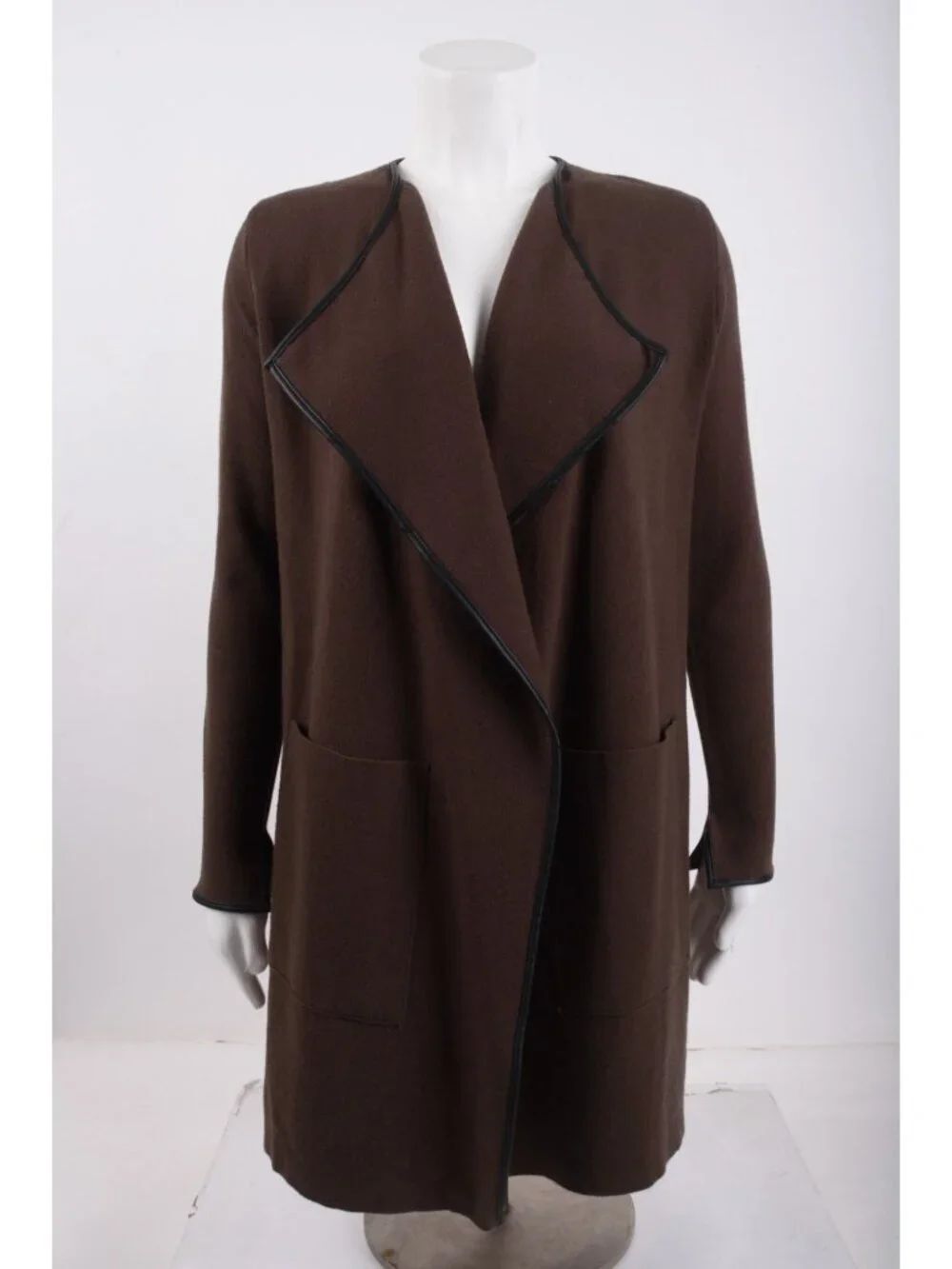 Zara Knit Womens Sweater Small Brown Cardigan Faux Leather Trim Open Front EUC
